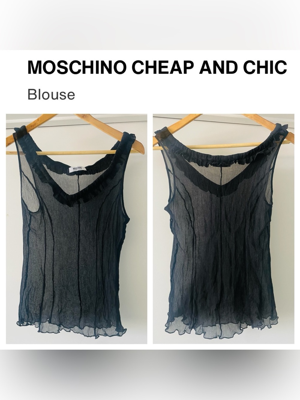 MOSCHINO Cheap & Chic Ruffled Neck Sheer Black Sleeveless Blouse